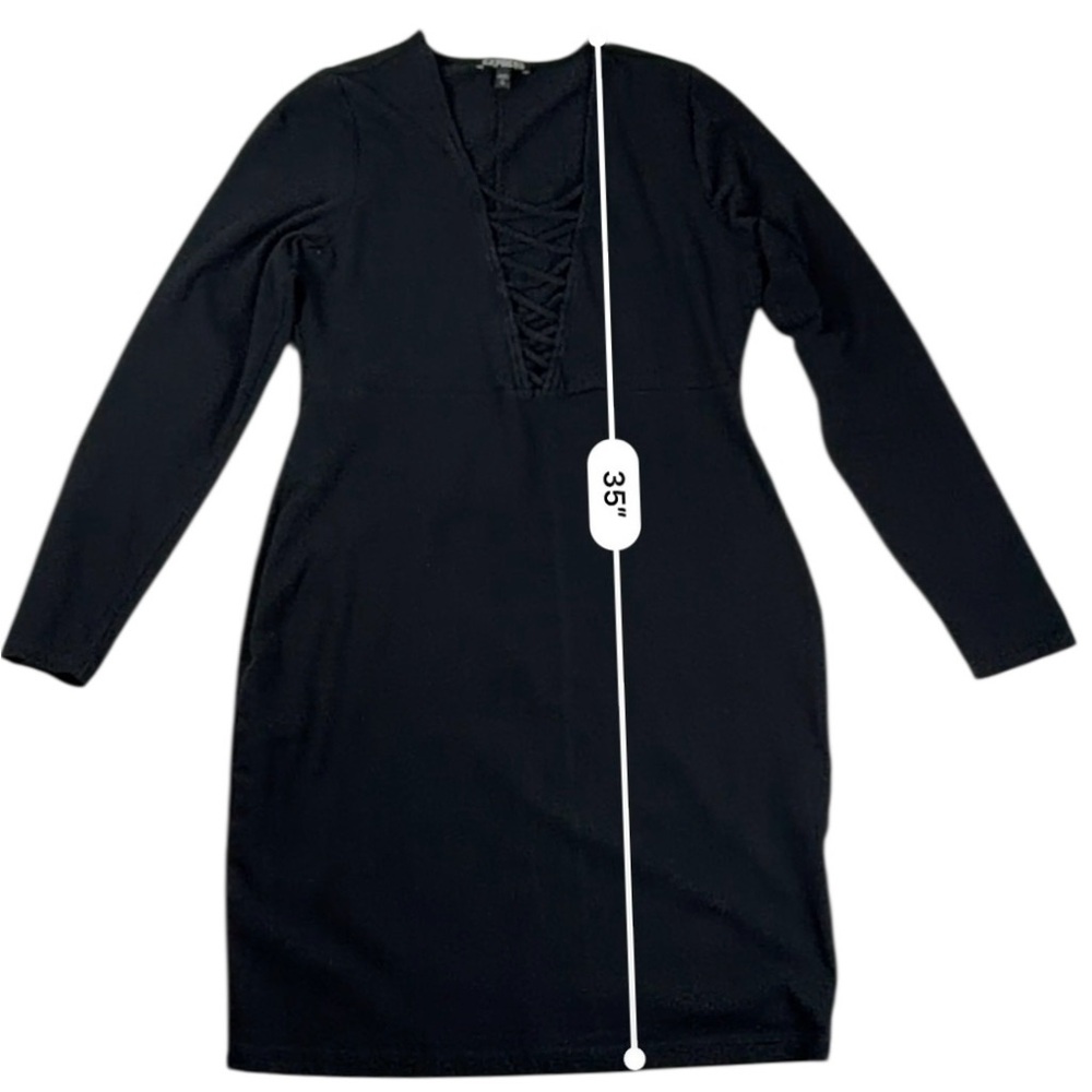 Express Women’s Black Deep V-Neck Long Sleeve Classic Bodycon Dress – Size L - Picture 14 of 17